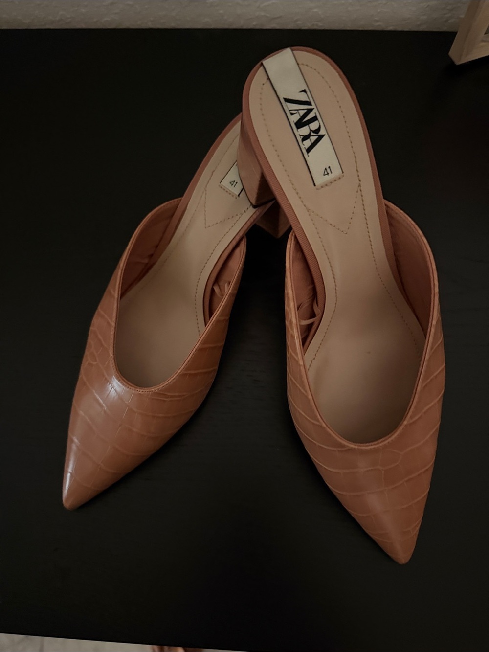 Zara Cognac Croc-Embossed Pointed Toe Mules